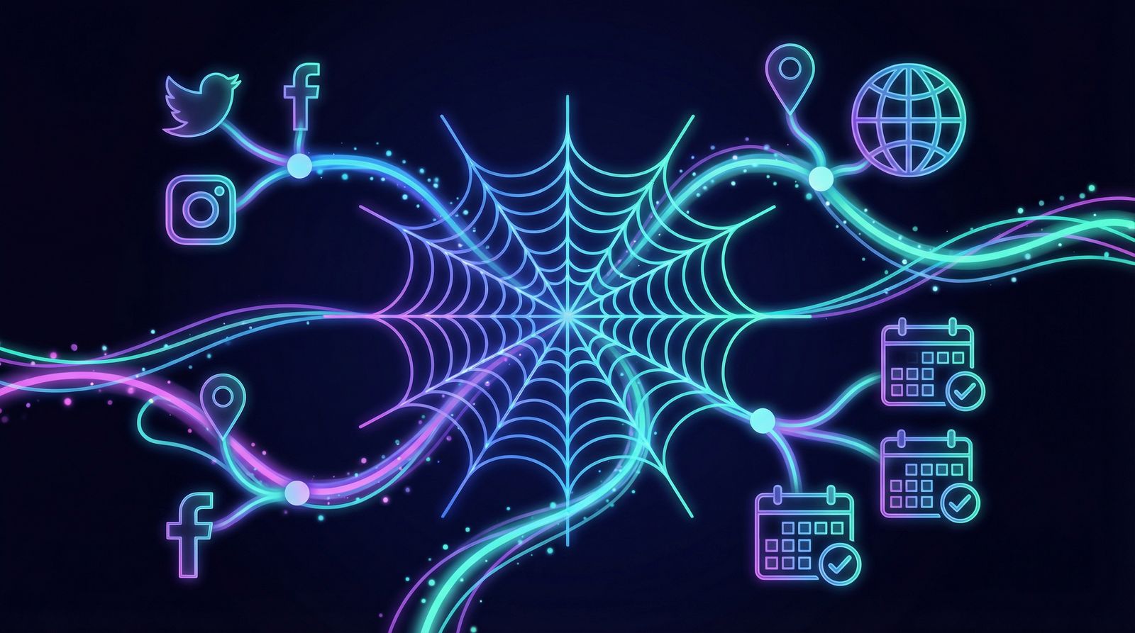 Data flowing through connected nodes — scraping, social media, maps