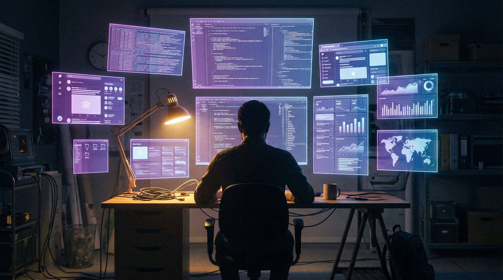 Solo developer surrounded by holographic screens showing different tasks